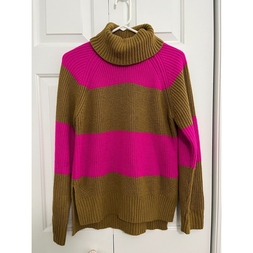 WHO WHAT WEAR Womens Size Small Tan Hot Pink Turtle Neck Wide Stripes Sweater
